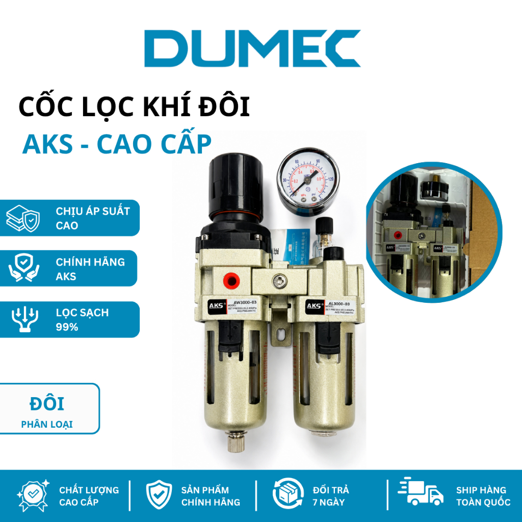 Cốc Lọc Khí Đôi To Đẹp AKS AL3000-03 – Lọc Nước Khí Nén, Ổn Áp Hơi Cho Máy Cắt Nhôm Chính Hãng