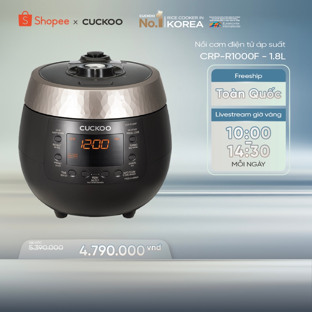 Nồi cơm điện tử áp suất Cuckoo 1.8 lít CRP-R1000F màu đen - lòng nồi chống dính cao cấp phủ Xwall Bl