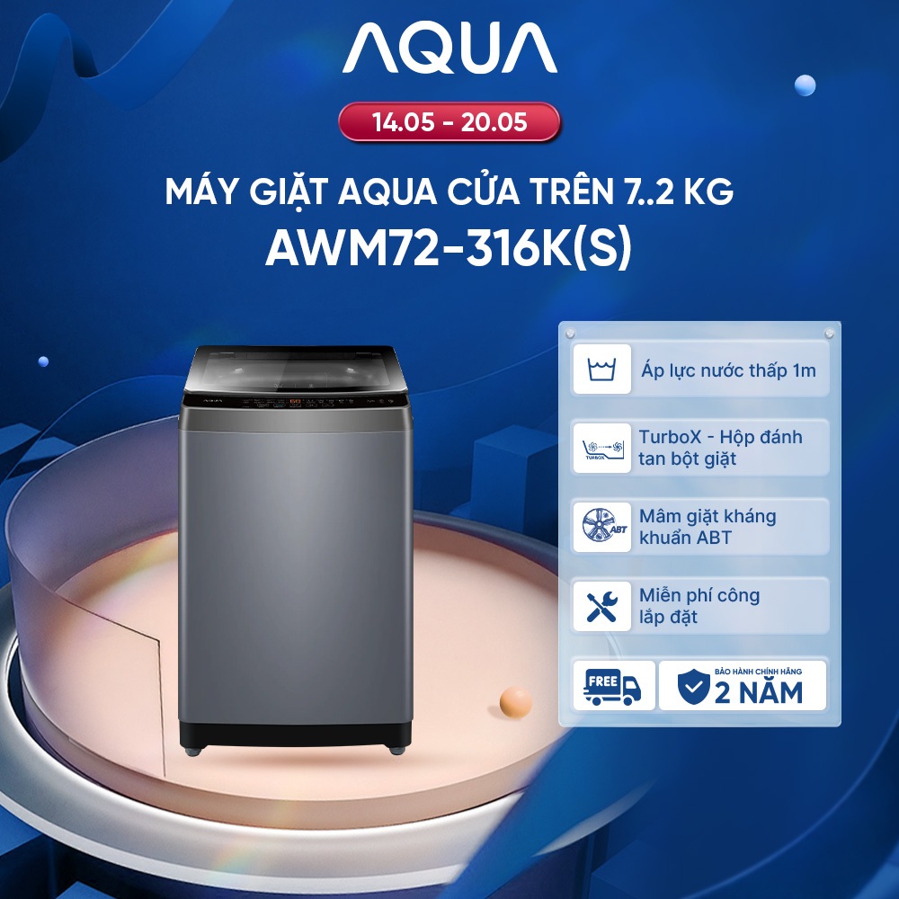 [SALE SỐC] Máy giặt Aqua 7.2 kg AWM72-316K(S) - Bảo hành 2 năm - Freeship toàn quốc