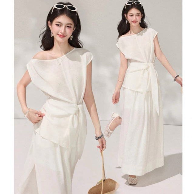 Váy maxi lệch vai buộc nơ eo Oyanxi