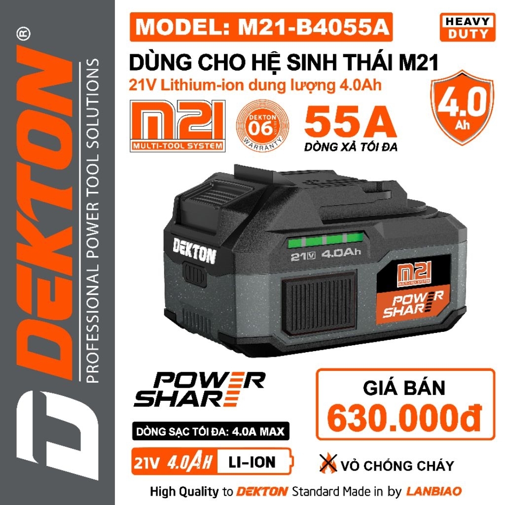 Pin Dekton 21V 4.0Ah M21-B4055A(xã5A) chân pin phổ thông