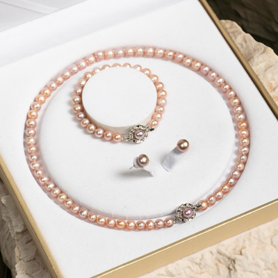 Bộ Trang Sức Ngọc Trai Màu Hồng Tím 3 Món size 7ly hạt rằn Sang Trọng Dự Tiệc Hoặc Làm Quà Tặng - Ngọc Trai Trường Thịnh