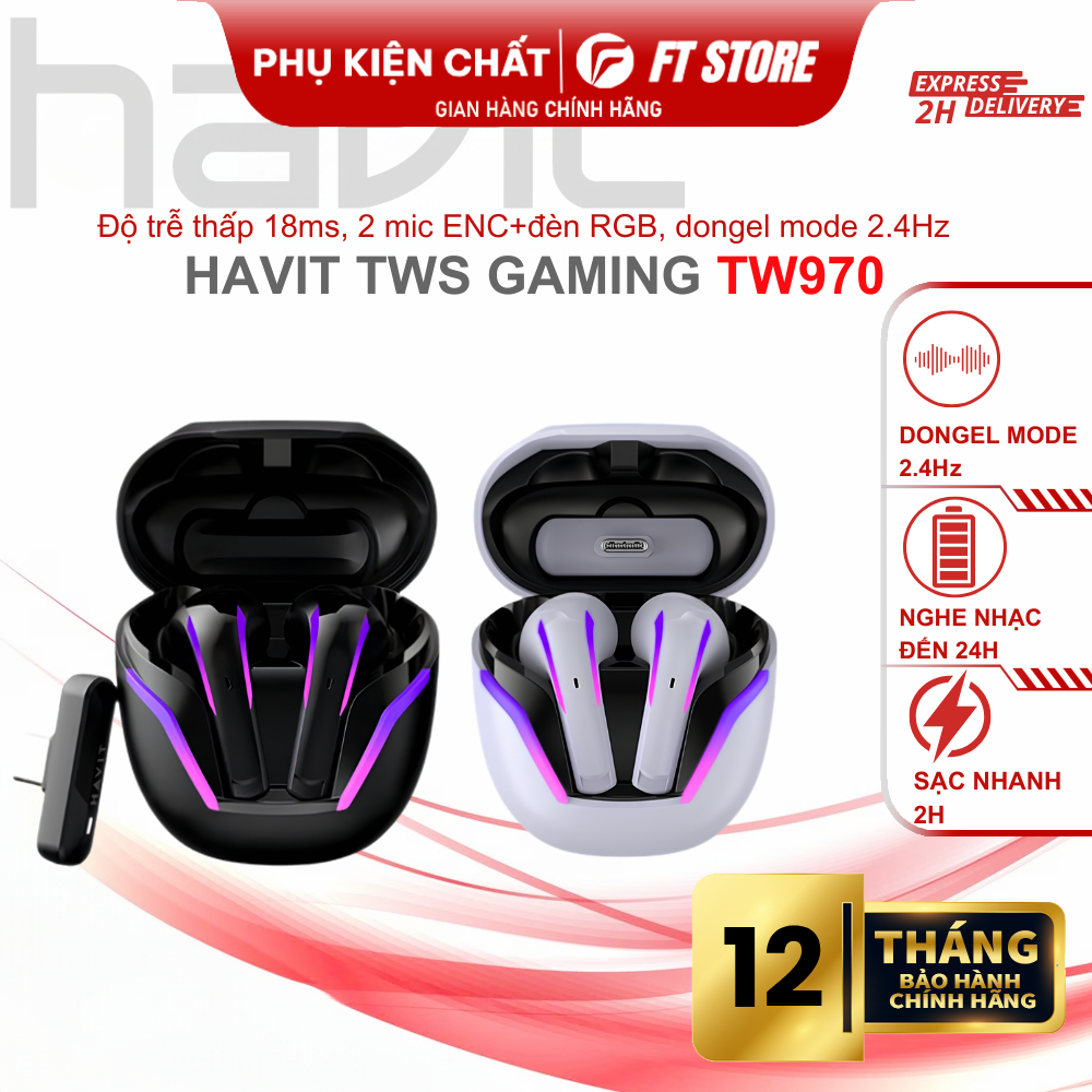 Tai nghe Bluetooth TWS HAVIT TW970 BT 5.3, Dongle Mode Độ trễ  18ms ,Khử ồn ENC 2 mic + Đèn RGB , Pi
