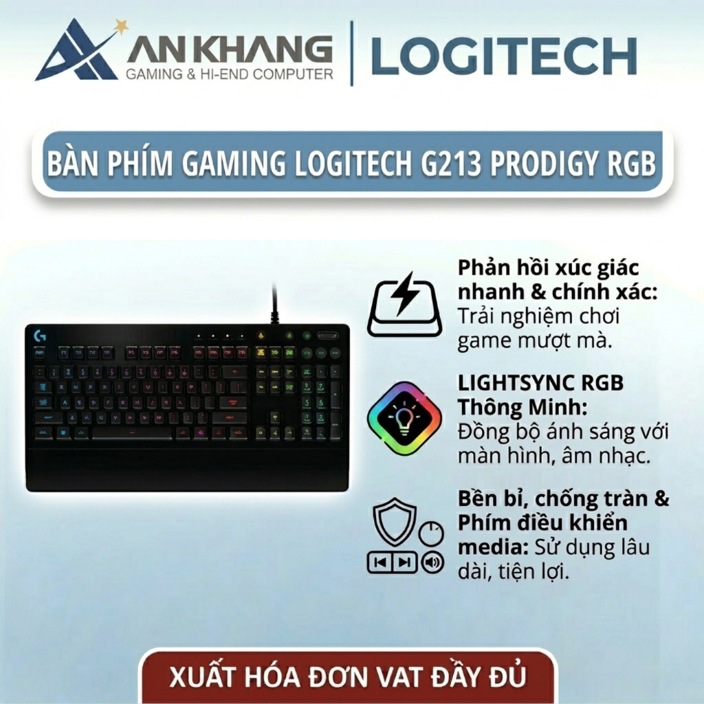Bàn Phím Gaming Có Dây Logitech G213 Prodigy-LED RGB Lightsync,Kê Tay Chống Mỏi Chính Hãng Bảo hành 