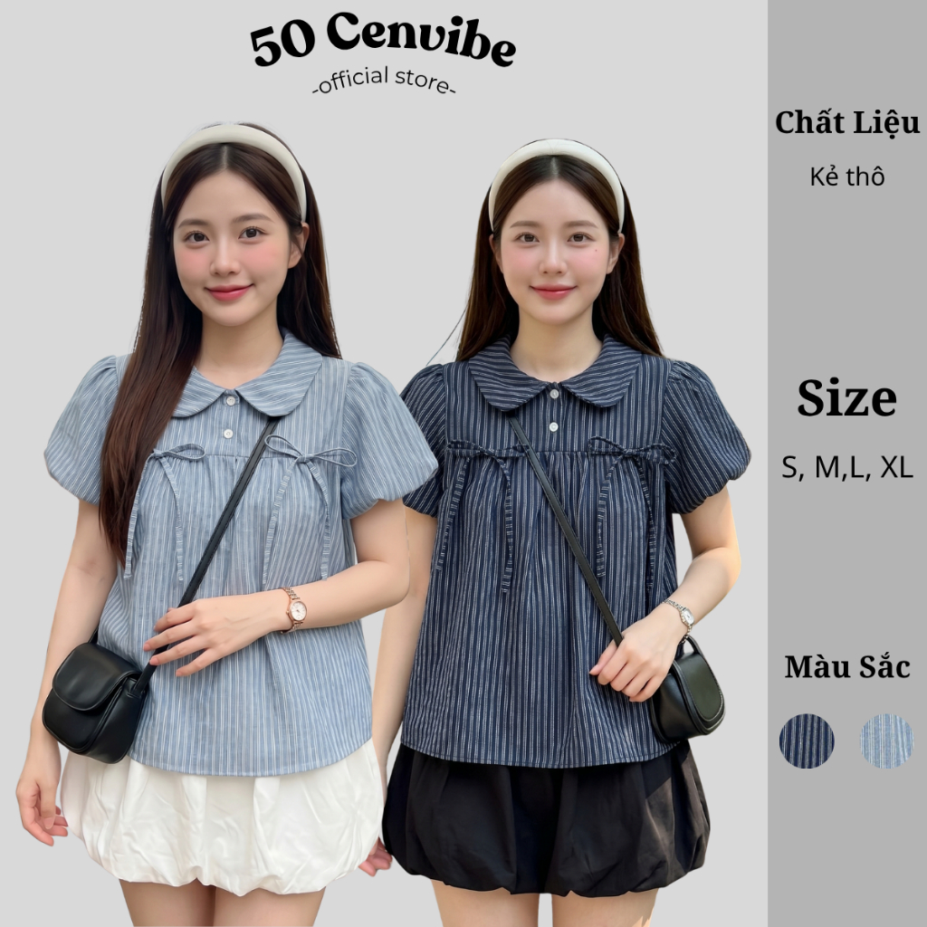 Áo Babydoll Nữ Cổ Sen Tay Phồng Kẻ Sọc Đính Nơ Dễ Thương Có Bigsize 45-75kg Phong Cách Korea (50 Cen