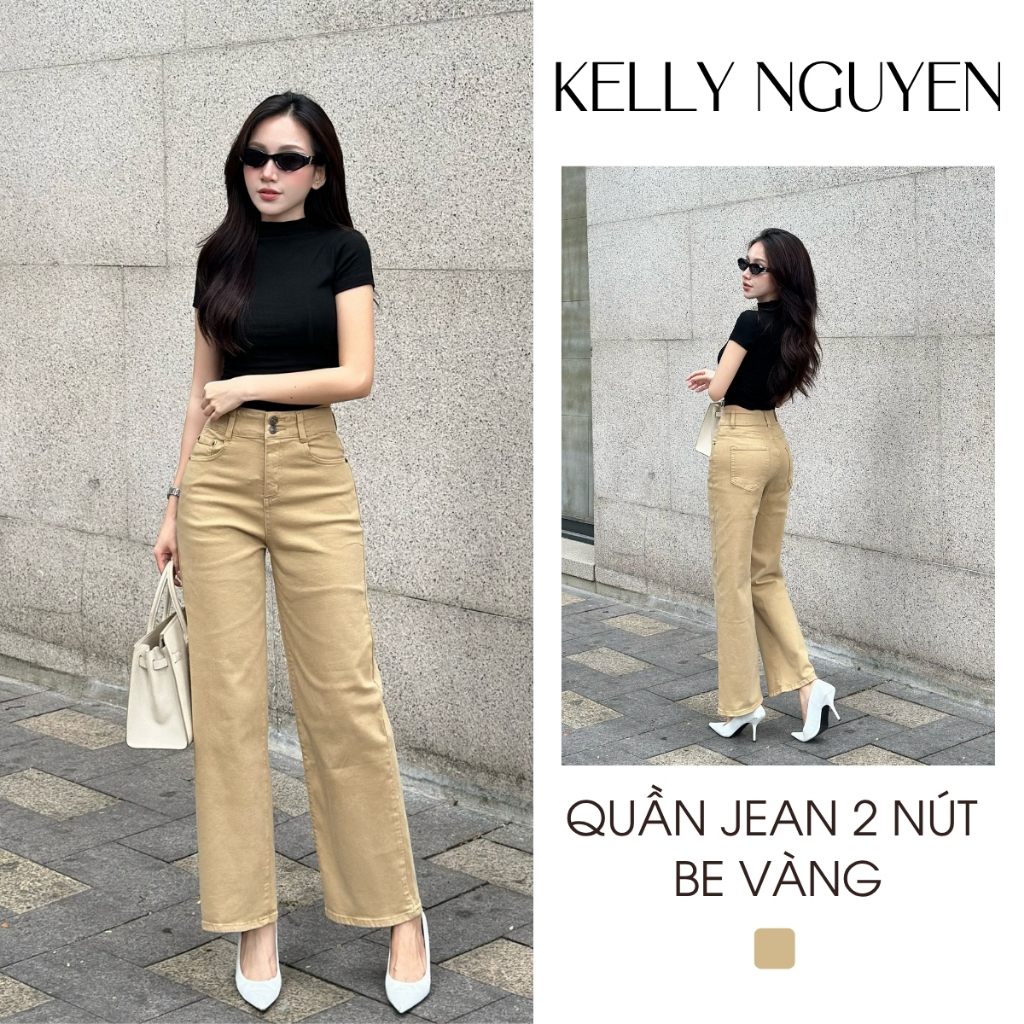Quần jean ống suông màu be vàng hotrend, chất lliệu jean co giãn 4 chiều, Kelly Nguyễn