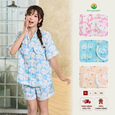Đồ bộ pijama nữ thời trang Việt Thắng chất Cotton, quần đùi áo cộc tay họa tiết dễ thương B43.6117
