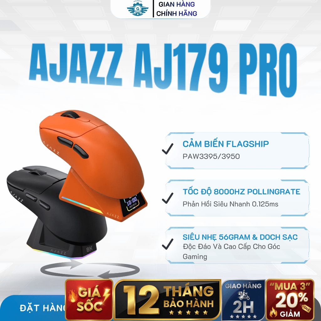 [⚡Cực Khủng] Chuột Không Dây Ajazz AJ179 Pro, Cảm Biến Paw3395, Switch Huano, 26000DPI, Dock Sạc RGB