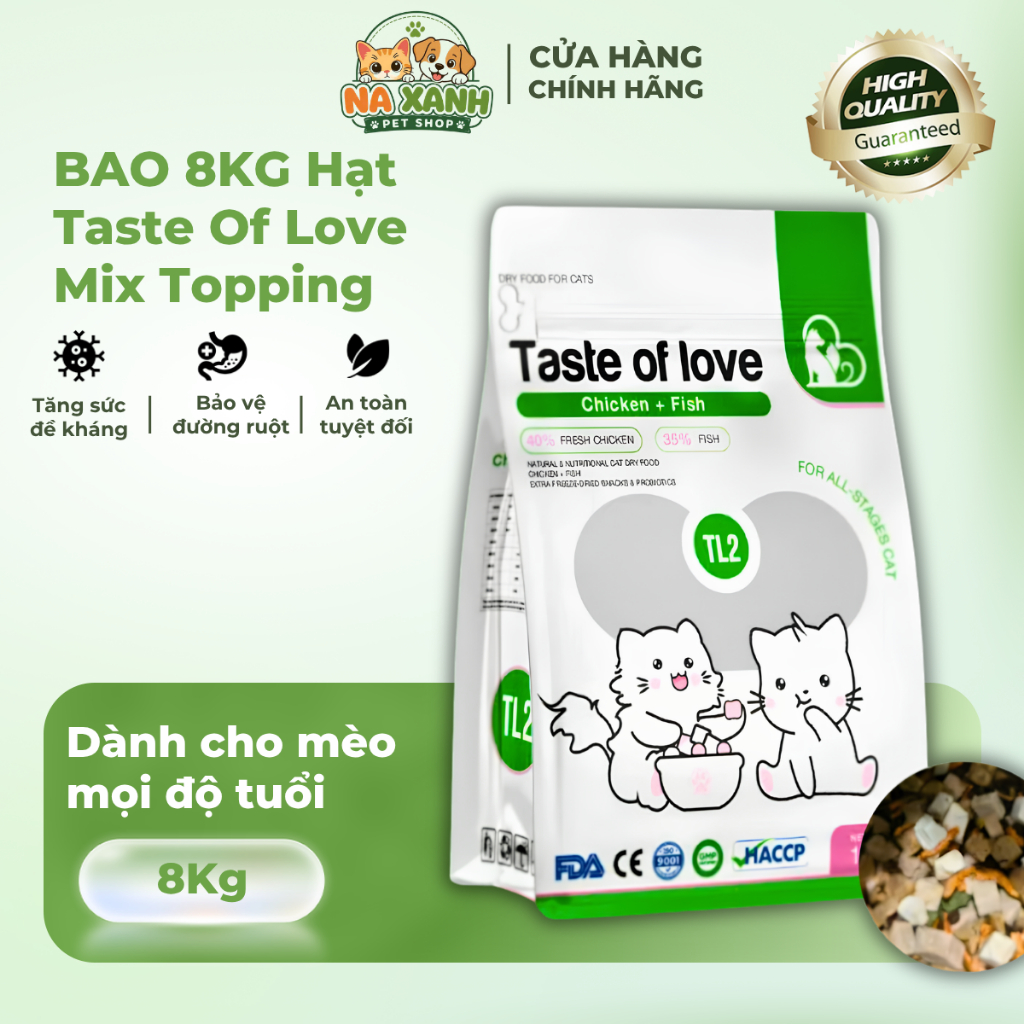 BAO 8KG Hạt Taste Of Love ~ 40% Protein Mix Topping Cho Mèo, Hạt Không Độn Ngũ Cốc 1,5Kg - Na Xanh
