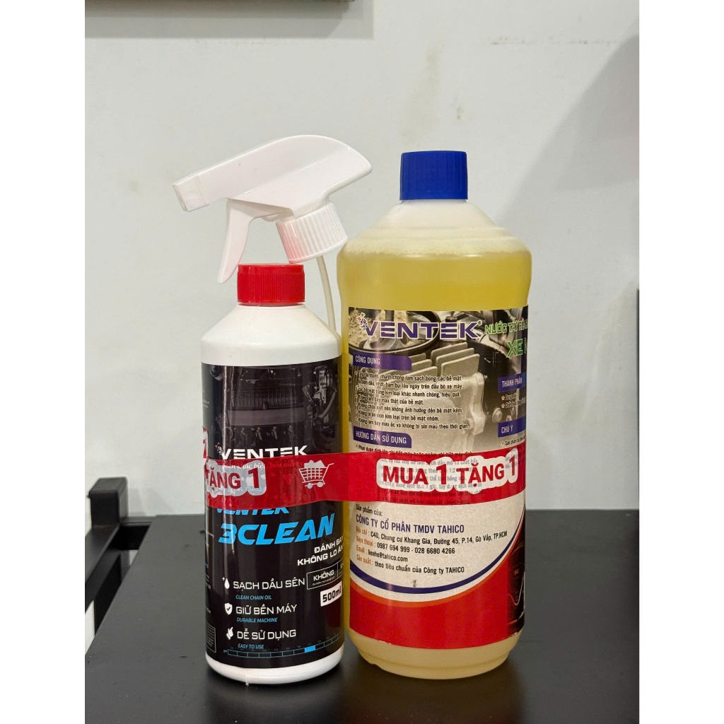 Nước tẩy rửa dầu mỡ đầu bò xe máy Ventek DGS làm sạch bóng các bề mặt bám bụi lâu ngày - 1 Lít Tặng 
