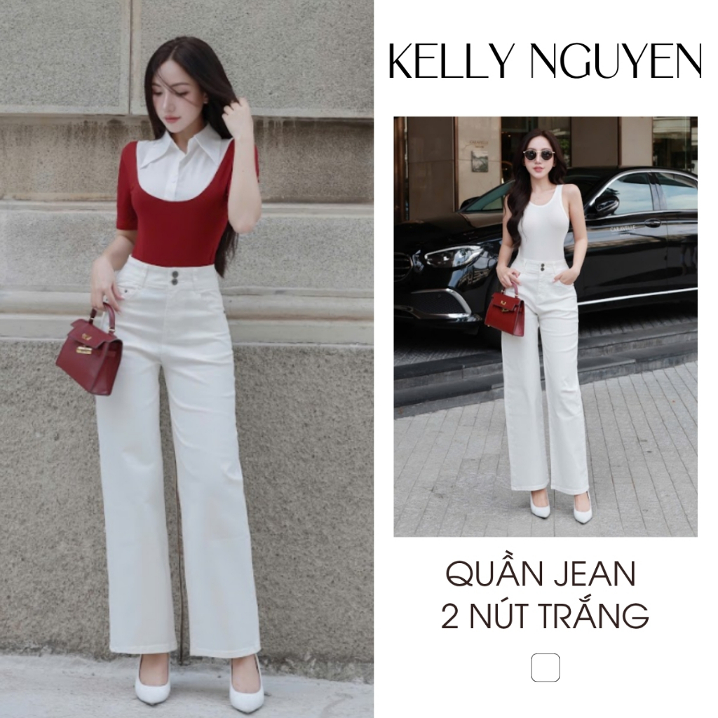 Quần ống suông trắng, chất lliệu co giãn, quần jean siêu tôn dáng, Kelly Nguyễn