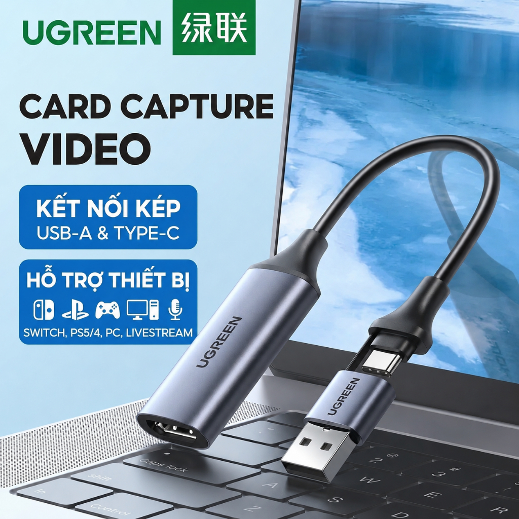 Cáp Ghi Hình Live Stream HDMI To Type-C Ugreen 40189 Video Capture Card cho điện thoại, máy ảnh