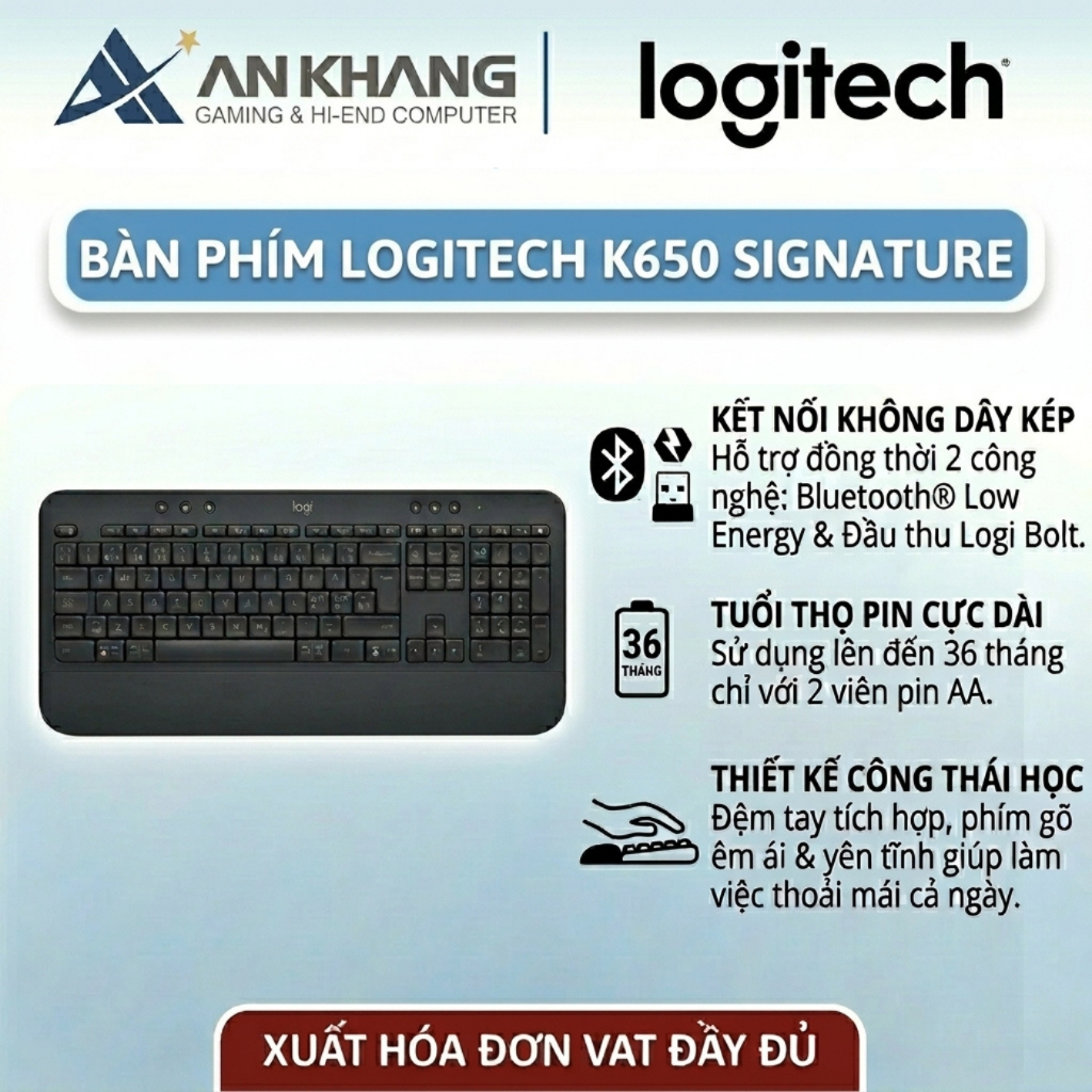 Bàn Phím Không Dây Logitech Signature K650,Kết Nối Bluetooth&USB Logi Bolt,Đệm Kê Tay Công Thái Học