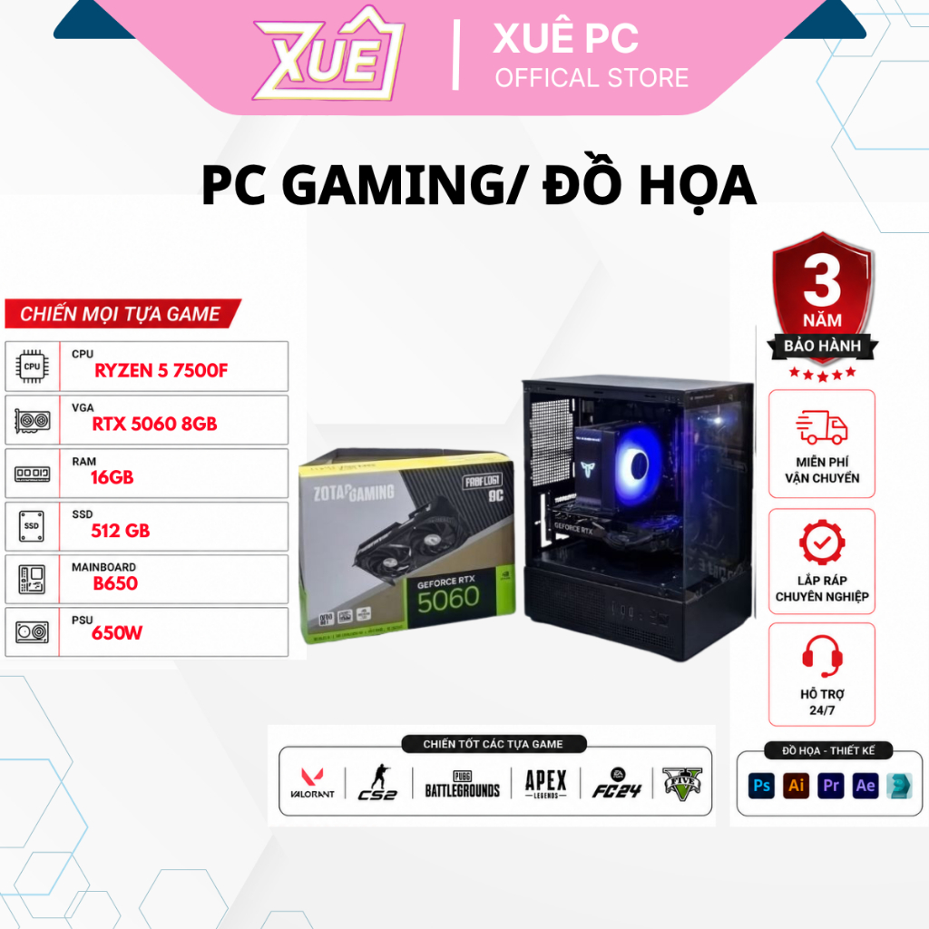 (XUEPCT02) Bộ Máy Tính PC Gaming AMD Ryzen 5 7500F - VGA RTX 5060 8GB | Chơi Game, Livestream, Đồ Họ