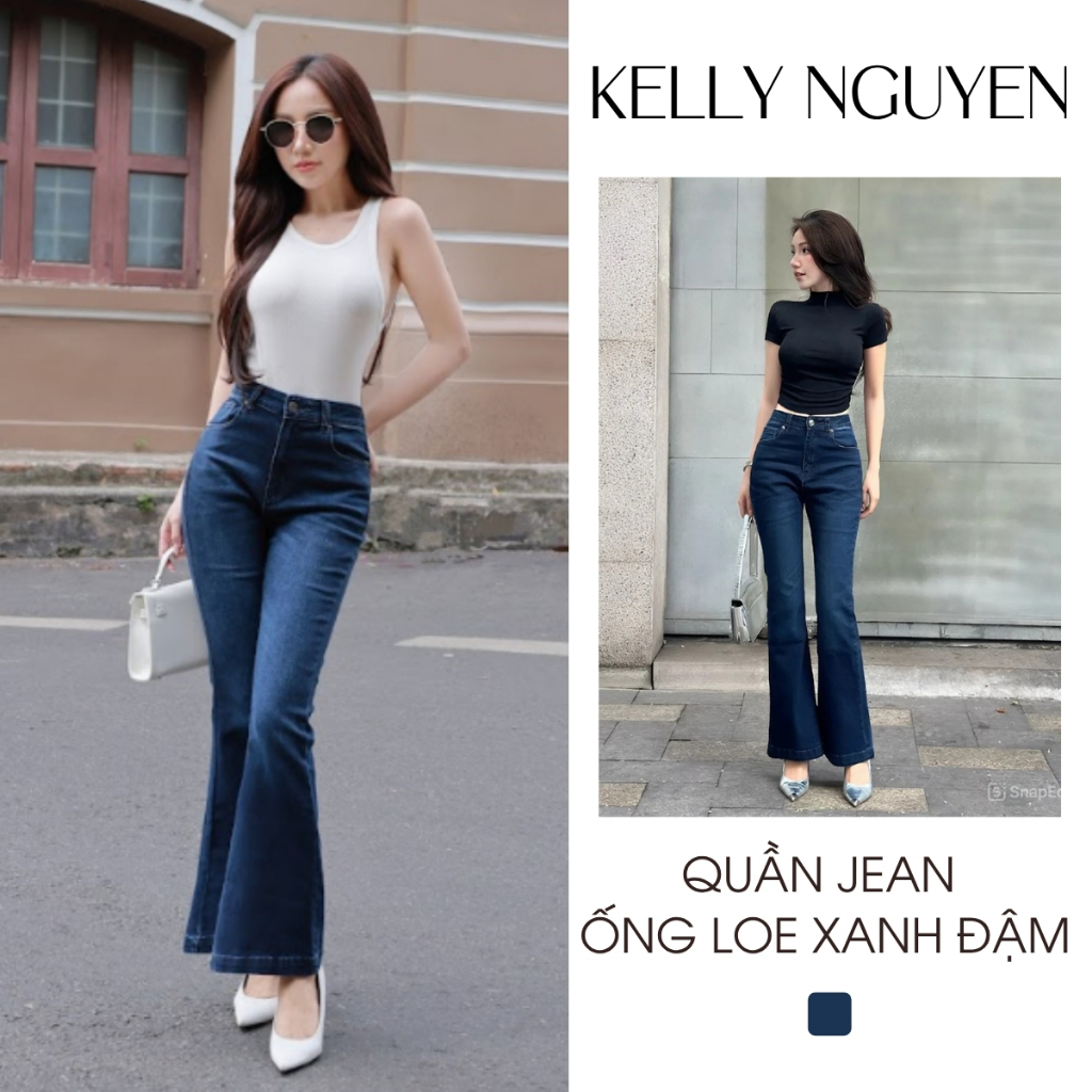 Quần loe xanh đậm, quần jean ống loe tôn dáng, chất liệu co giãn 4 chiều, ống rộng nhất 24cm, Kelly 
