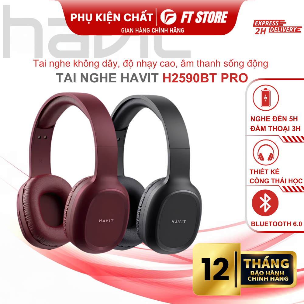 Tai nghe Bluetooth chụp tai Havit H2590BT Pro, Pin đến 4H, Khe cắm thẻ TF, Kết nối nhiều thiết bị