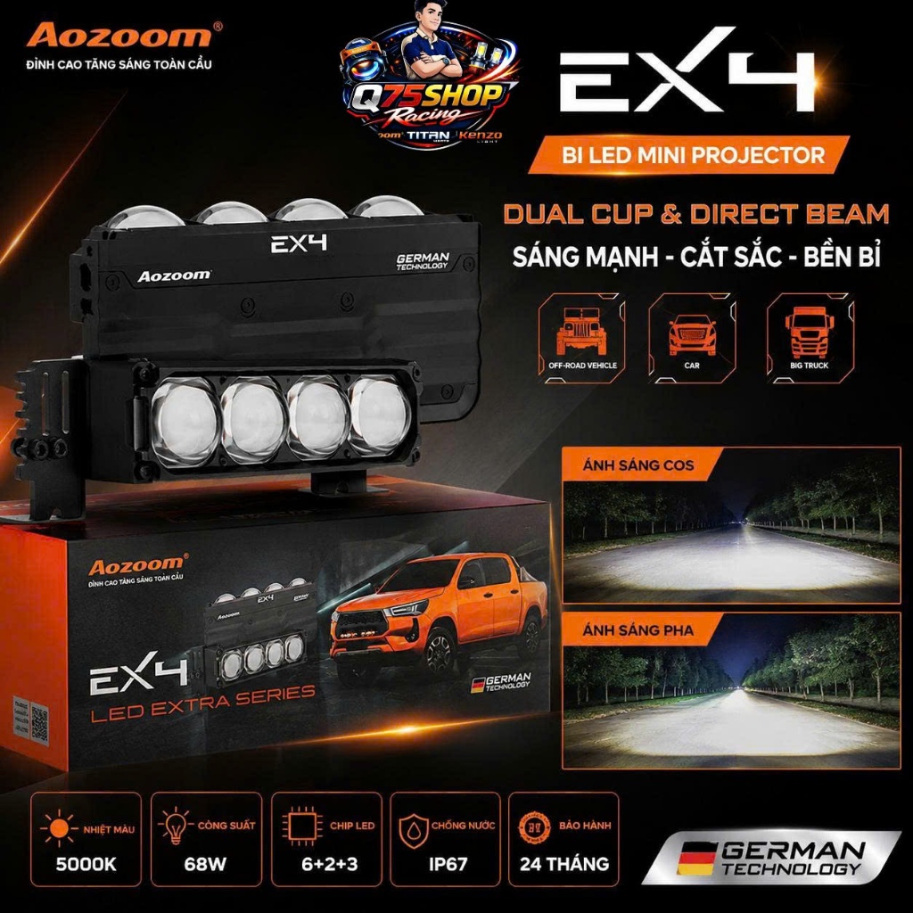 Aozoom Ex4, Đèn Trợ Sáng Aozoom EX4 Nhiệt Màu 5000K Công Suất 200w 1 cặp Chống Nước IP68 - BH 24T