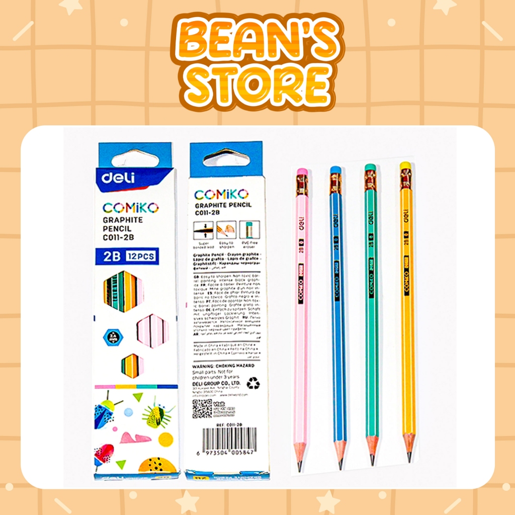 Hộp 12 Bút Chì Học Sinh Deli  Comik - Viết Chì 2B Kèm Đầu Tẩy  - Thiết Kế Xinh Xắn - BEAN'S STORE