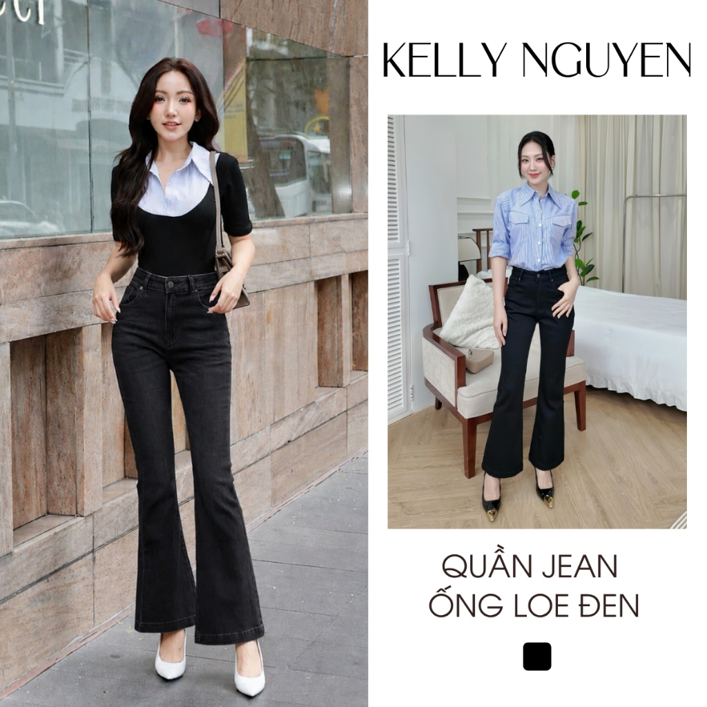 Quần jean ống loe đen KELLY NGUYỄN lưng cao tôn dáng, quần bò loe trẻ trung thanh lịch | QJN006