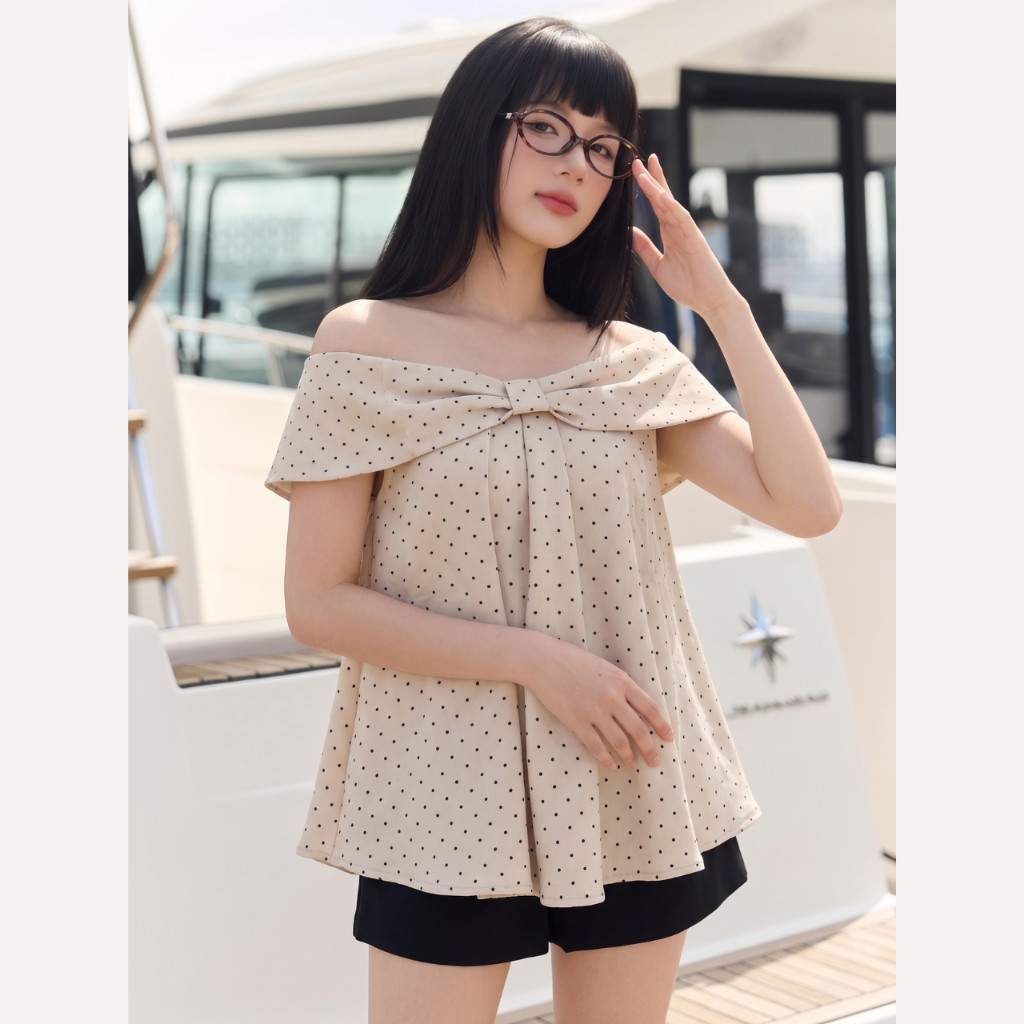 Áo trễ vai phối nơ ngực áo kiểu nữ dáng xòe phong cách tiểu thư Linly Store A-TVNO6