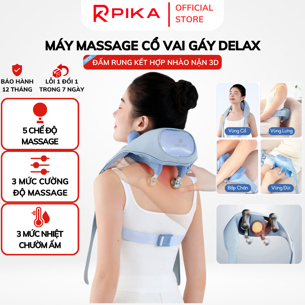 Máy Massage Cổ Vai Gáy DELAX Massage Bi Lăn 3D Kết Hợp Đấm Bóp Chườm Ấm Giúp Giảm Đau Mỏi Và Thư Giã