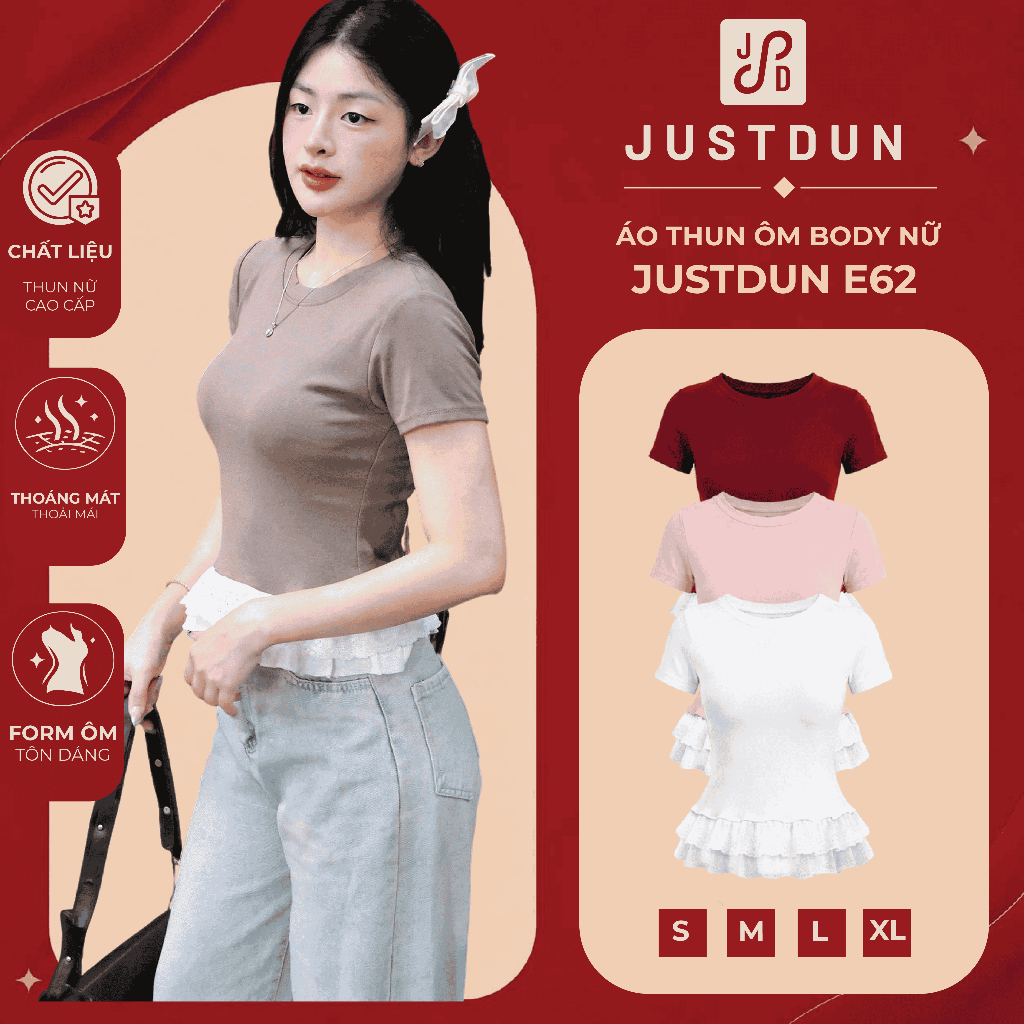 Áo Thun Ôm Body Nữ JUSTDUN E62 - Phối Vạt Bèo, Vải Cotton Mịn Êm Ái, Co Giãn Thoải Mái, Tôn Dáng