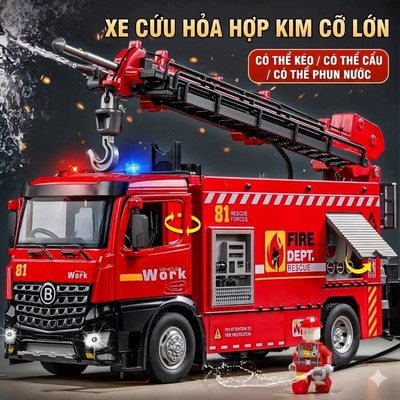 Đồ chơi xe cứu hoả KAVY phun được nước bằng hợp kim có nhạc đèn kèm ròng rọc và thang nâng hạ