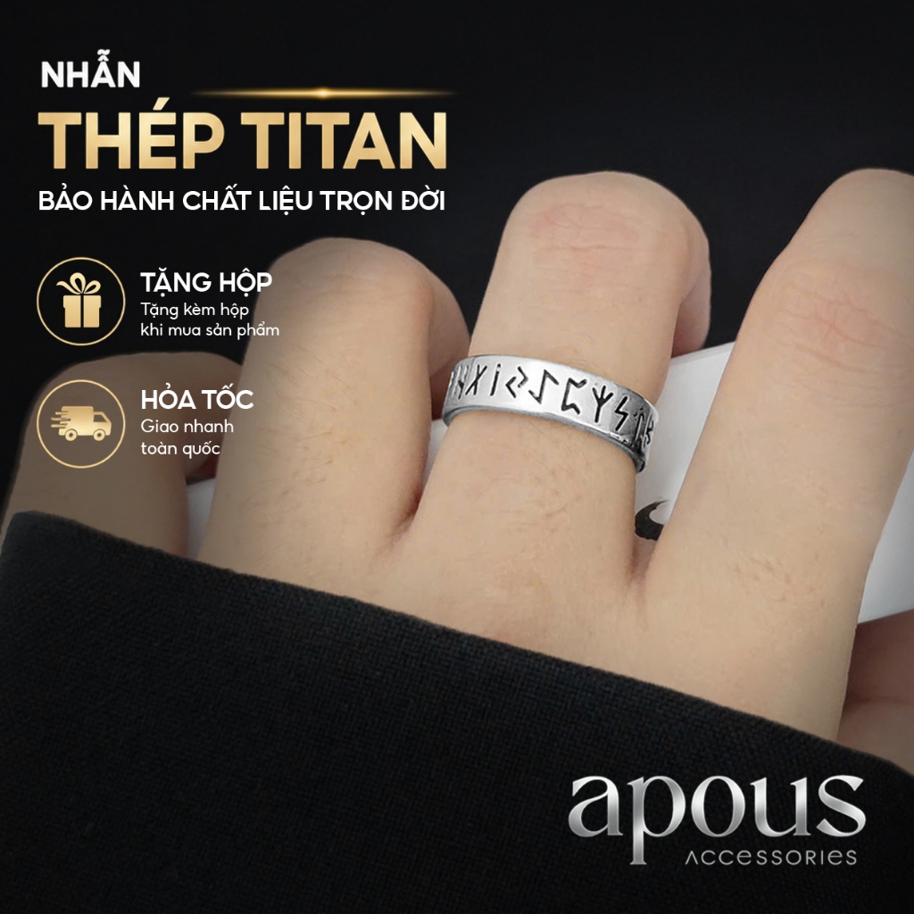 [N114] Nhẫn nam Thép Titan cao cấp không gỉ khắc ký tự Rune, Nhẫn Rune, Nhẫn nam không gỉ Apous