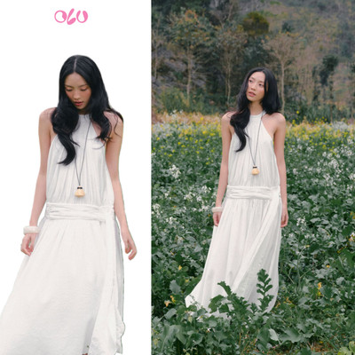 Váy maxi OLV cổ yếm nhún thanh lịch White Halter Gathered Maxi Dress