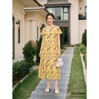 Đầm suông họa tiết hoa tuy-lip vàng bèo ngực nữ Mazano