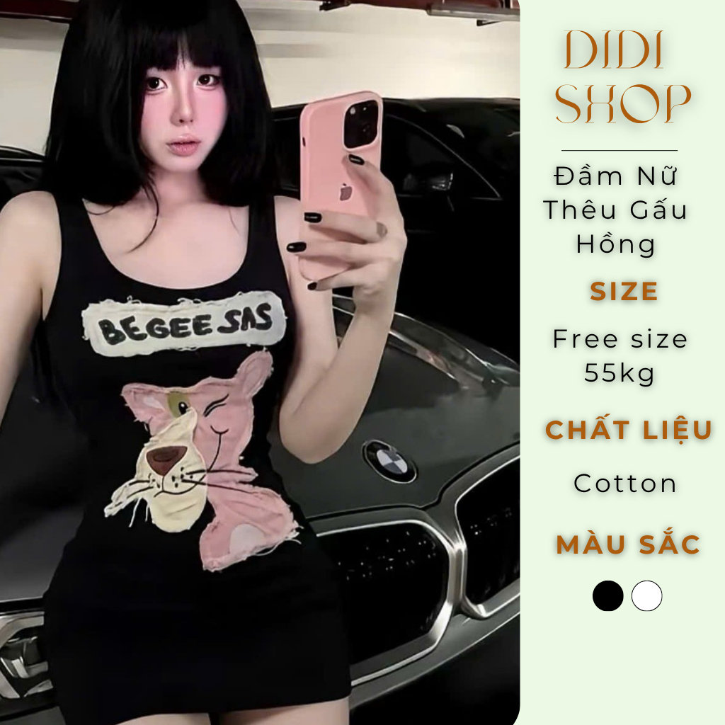 Đầm Nữ Body Thêu Báo Hồng Pink Panther Cotton Cao Cấp Dáng Ôm Sexy Free Size Đen Trắng - DIDI SHOP