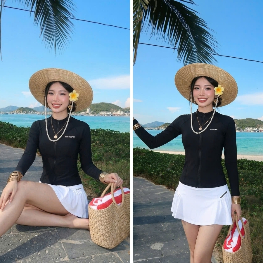 Áo bơi kín nữ tay dài chống nắng đi biển - Bikini Passport - BSV001_BL | BigBuy360 - bigbuy360.vn