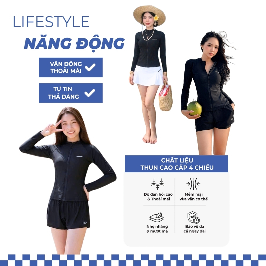 Áo bơi kín nữ tay dài chống nắng đi biển - Bikini Passport - BSV001_BL | BigBuy360 - bigbuy360.vn