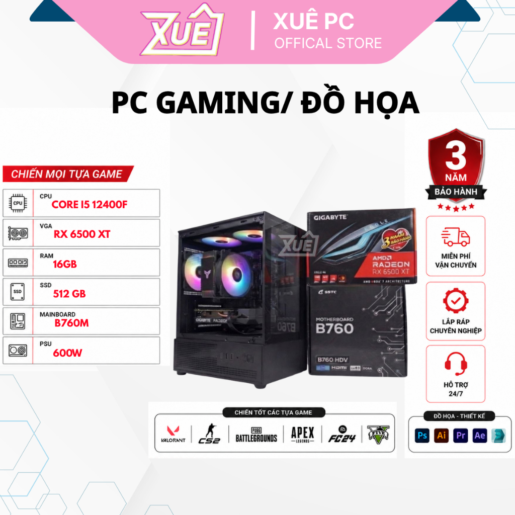 (XUEPC096-G) Bộ Máy Tính PC Gaming Intel Core I5-12400F VGA RX 6500XT | Chơi Game, Livesream, Đồ Họa