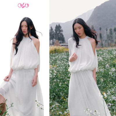 Váy maxi OLV kiểu tơ White Halter Flowy Maxi Dress phù hợp đi biển đi du lịch