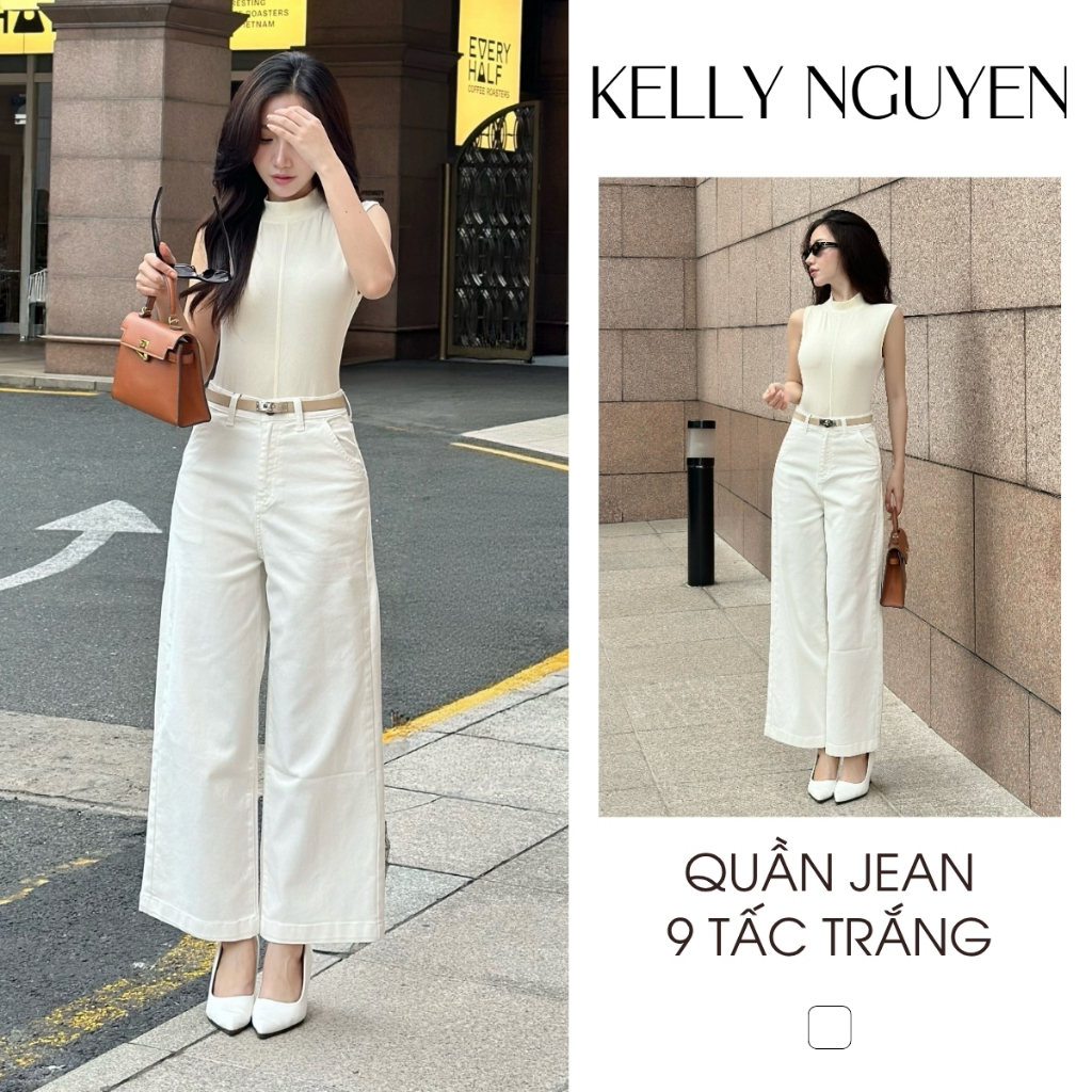 Quần 9 tấc màu trắng, quần 90cm dáng nấm, chất liệu co giãn, thoải mái, Kelly Nguyễn