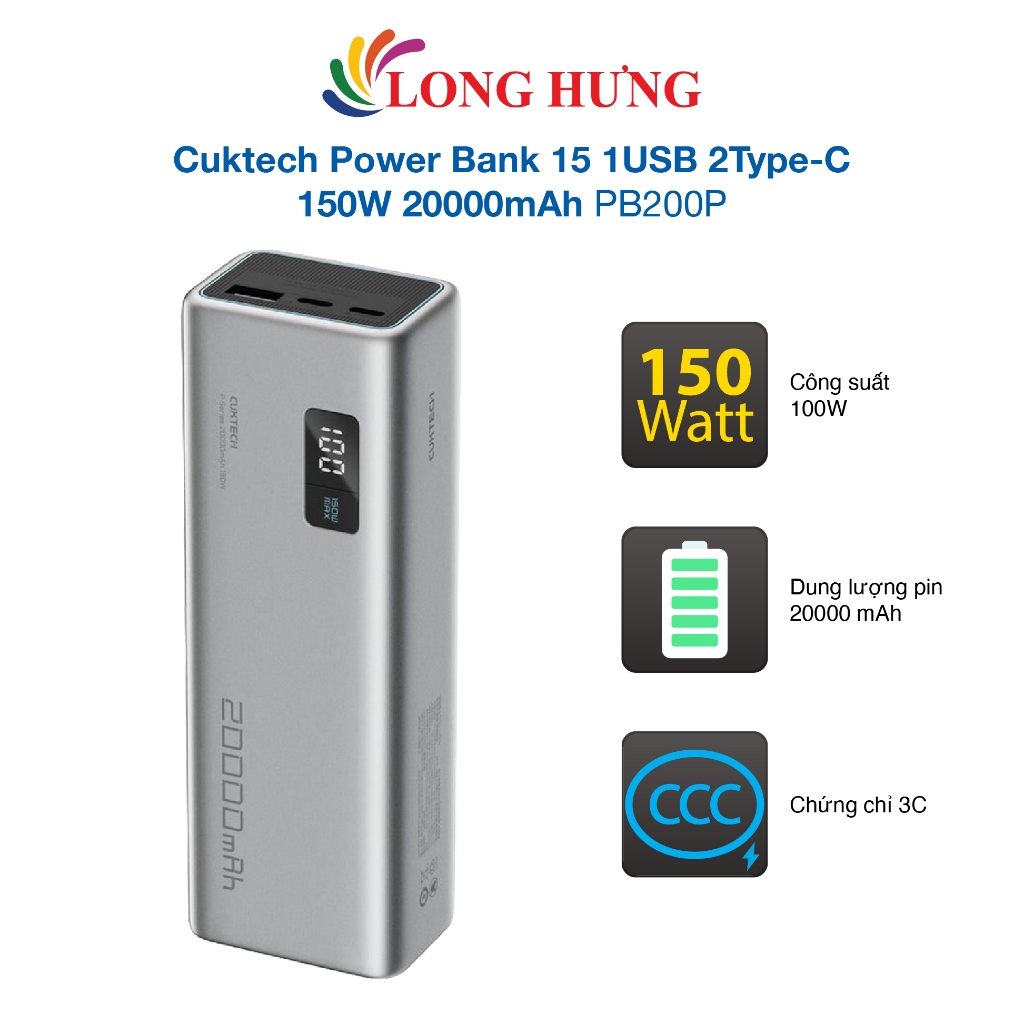 Sạc dự phòng Cuktech Power Bank 15 1USB 2Type-C 150W 20000mAh PB200P - Hàng chính hãng