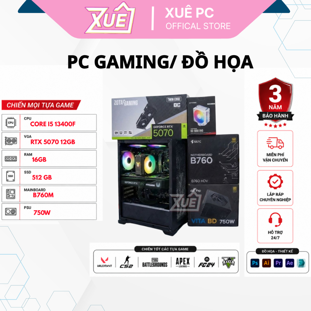 (XUEPC015-G) Bộ Máy Tính PC Gaming Intel Core I5-13400F VGA RTX 5070 12GB B760 | Chơi Game, Livestre