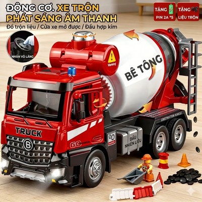 Đồ chơi xe trộn bê tông điện KAVY bằng hợp kim tỷ lệ 1:12 tự xả tặng kèm công nhân và hạt trộn