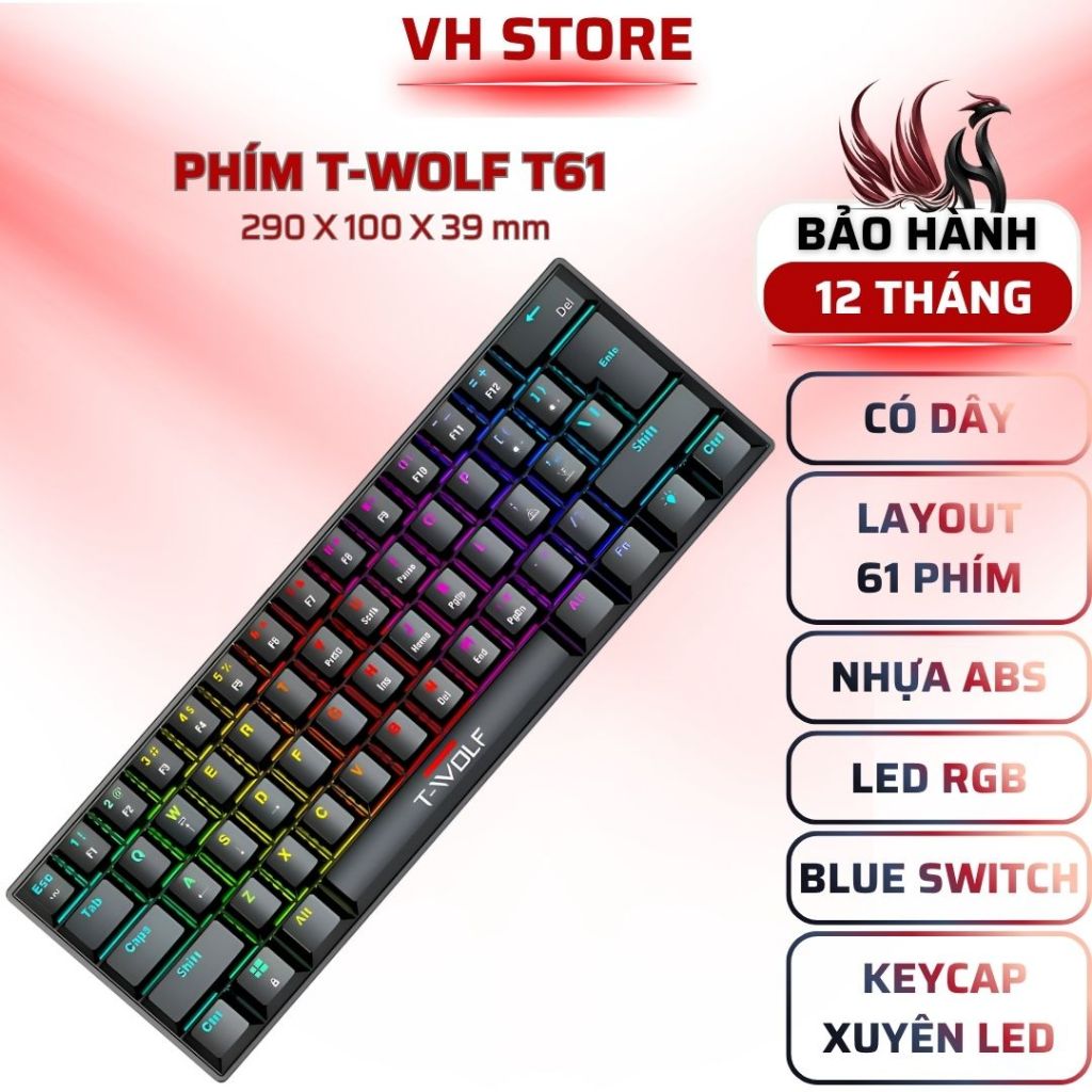 Bàn Phím Cơ T-WOLF T61 RGB Blue Switch 61 Phím Mini - BẢO HÀNH 12 THÁNG - VHSTORE