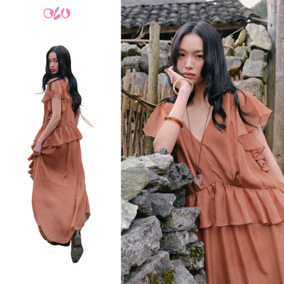 Đầm maxi OLV cổ V bèo nhún phong cách Boho nữ tính Brown V Neck Ruffle Maxi Dress