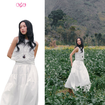 Set OLV áo và chân váy phong cách nhẹ nhàng White Ruched Tiered Maxi Set