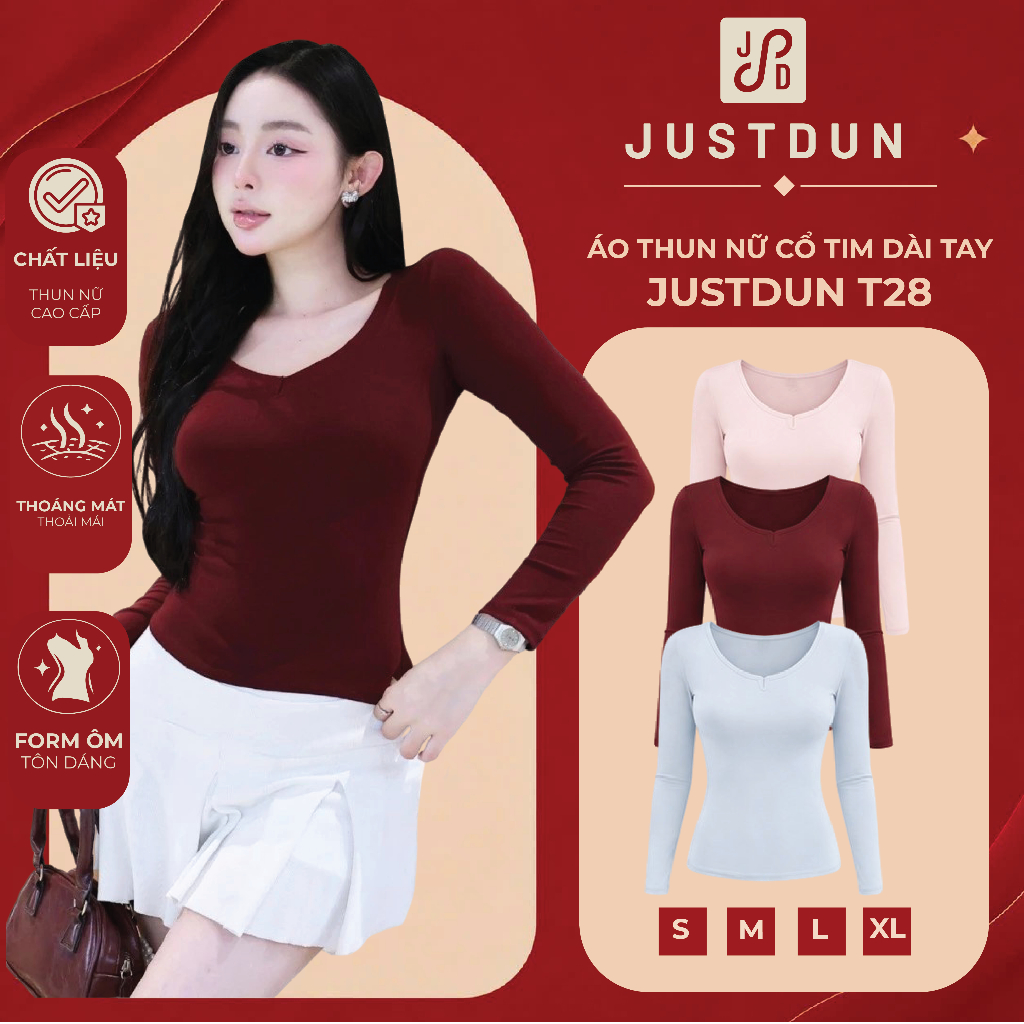 Áo Thun Nữ Cổ Tim Dài Tay JUSTDUN T28 - Ôm Body, Cotton Mềm Mại, Giữ Nhiệt, Co Giãn 4 Chiều | BigBuy360 - bigbuy360.vn