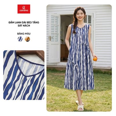 Đầm nữ CARDINA chất liệu lanh dài bèo tầng sát nách 6VXL01