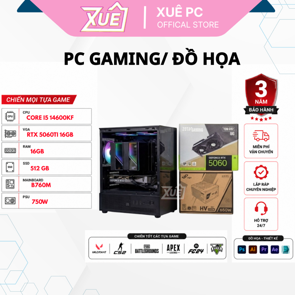 (XUEPC039-G) Bộ Máy Tính PC Gaming Intel Core I5-14600KF VGA RTX 5060Ti 16GB | Chơi Game, Livestream