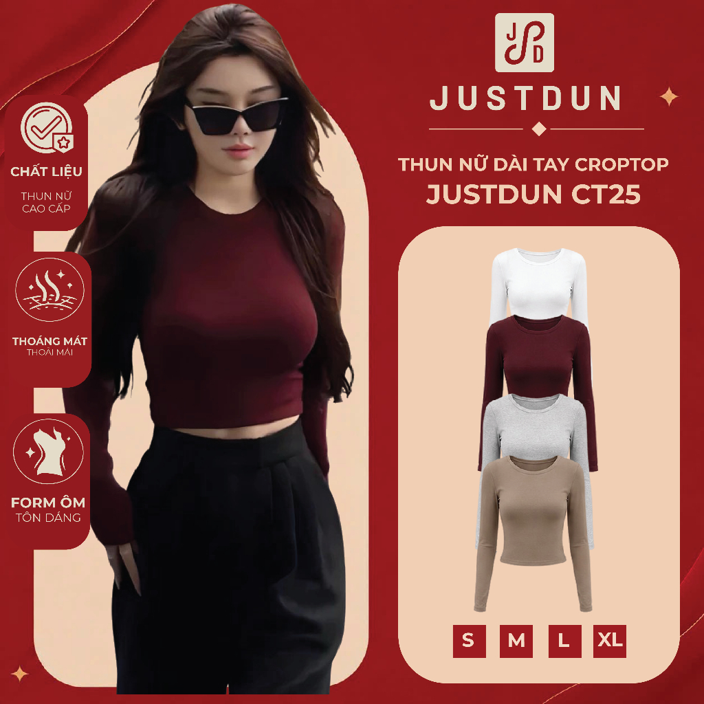 Áo Thun Nữ Dài Tay Croptop JUSTDUN CT25 – Dáng Ôm Body, Chất Liệu Cotton Mịn Mềm, Co Giãn Thoải Mái