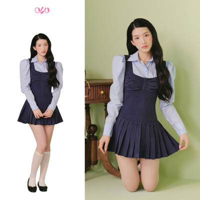 Đầm OLV hai dây bản lớn xếp ly Navy Cotton Striped Pinafore Pleated Mini Dress (Không kèm áo sơ mi)