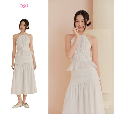 Chân váy OLV cạp trễ dáng lửng bảng eo trẻ trung White Linen Flared Skirt phù hợp đi chơi đi làm