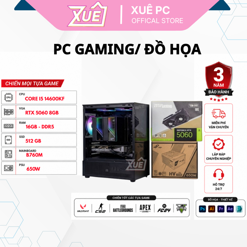 (XUEPC051-G) Bộ Máy Tính PC Gaming Intel Core I5-14600KF VGA RTX 5060 8GB | Chơi Game, Livestream, Đ