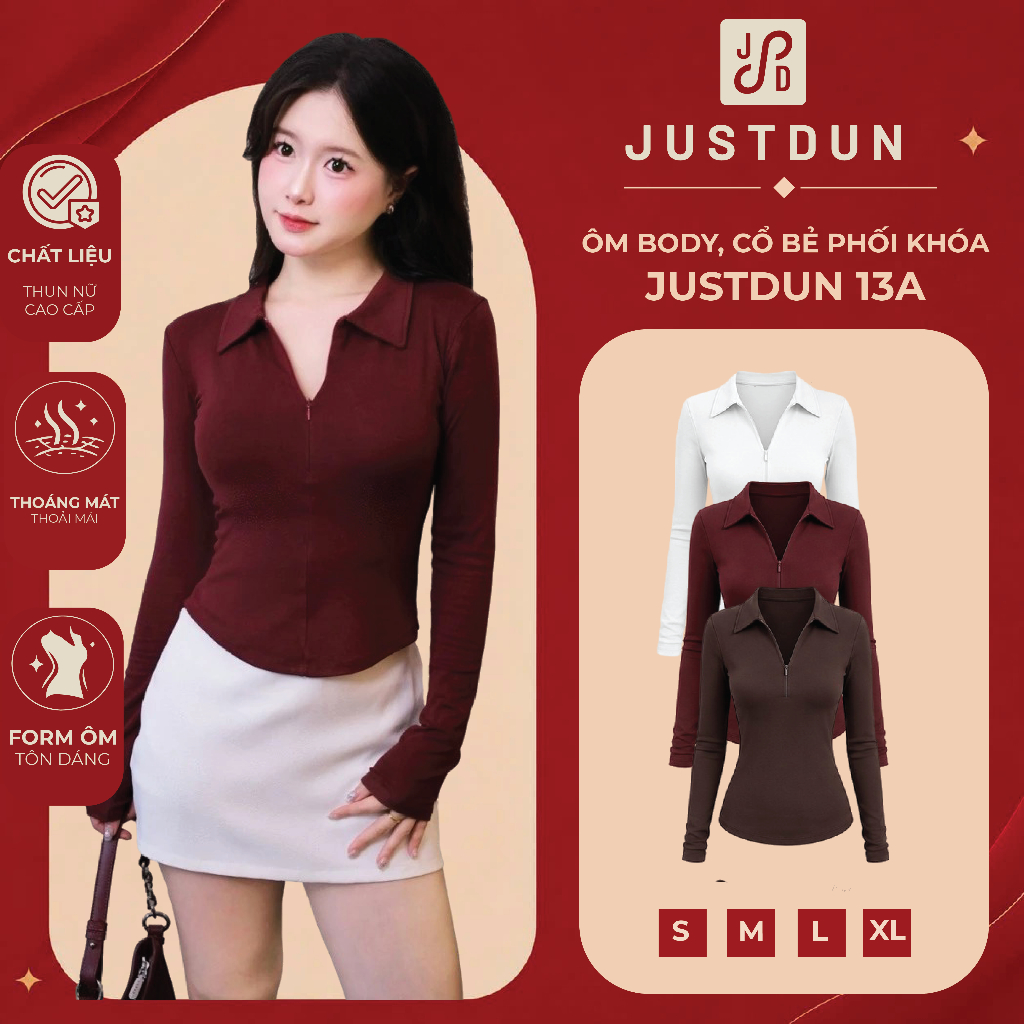 [Mở Bán] Áo Thun Nữ JUSTDUN 13A - Tay Dài, Ôm Body, Cổ Bẻ Phối Khóa Kéo, Dáng Vạt Bầu, Cotton Mịn
